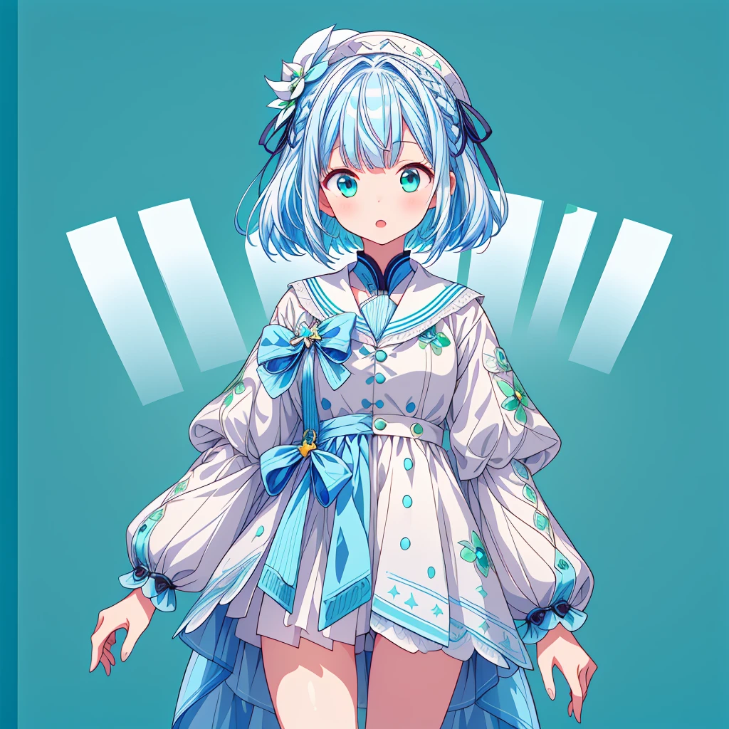 1girl、Character design front view、A picture facing the viewer、(((Super detailed、Highest quality、Masterpiece)))、Original cute hairstyle、Milky white and blue hair color、Simple Green Background、
