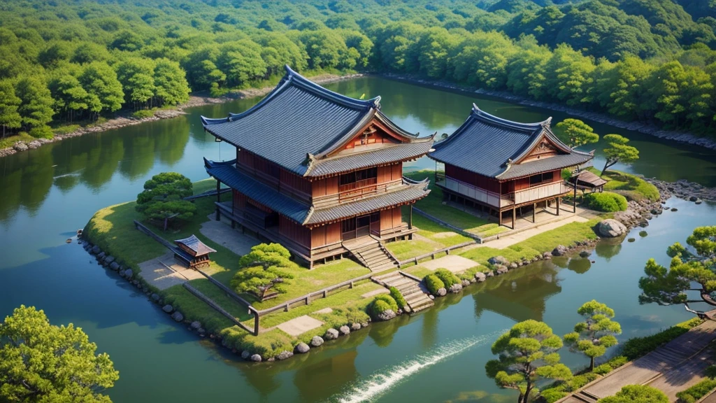 Beautiful scenery of Japanese ancient village. Aerial view, Photorealistic photos, High definition.