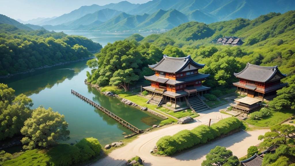Beautiful scenery of Japanese ancient village. Aerial view, Photorealistic photos, High definition.
