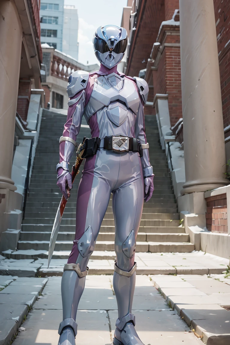 full body, Illustration, cinematic light, high resolution, best quality, ultra-detailed, masterpiece, power suit, powerranger, suit, kingohger, holding sword, 