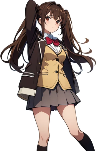 standing, from front, full body shot,one girl, deep brown hair, low twin tails, deep brown eyes, white skin, teenager, , Great Joy, high school girl, , jacket/blazer, slim, looking at viewer, white background