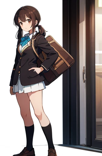 standing, from front, full body shot,one girl, deep brown hair, low twin tails, deep brown eyes, white skin, teenager, , Great Joy, high school girl, , jacket/blazer, slim, looking at viewer, white background
