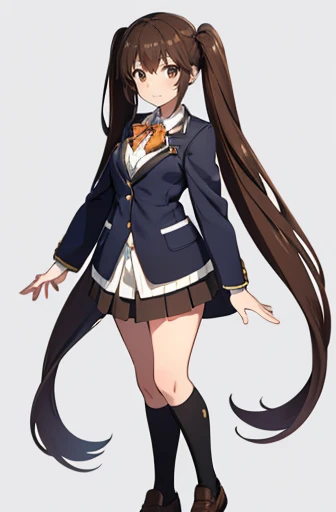 standing, from front, full body shot,one girl, deep brown hair, low twin tails, deep brown eyes, white skin, teenager, , Great Joy, high school girl, , jacket/blazer, slim, looking at viewer, white background