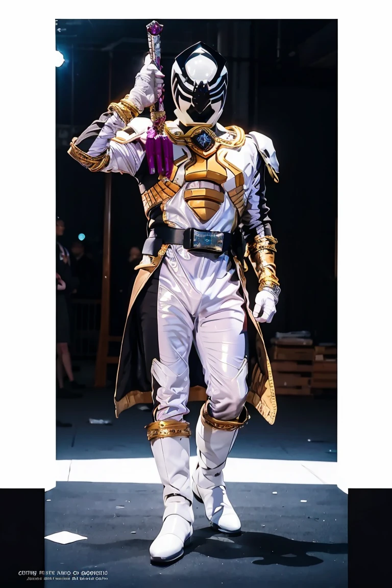 1boy, full body, Illustration, cinematic light, high resolution, best quality, ultra-detailed, masterpiece, power suit, powerranger, suit, kingohger, holding sword,