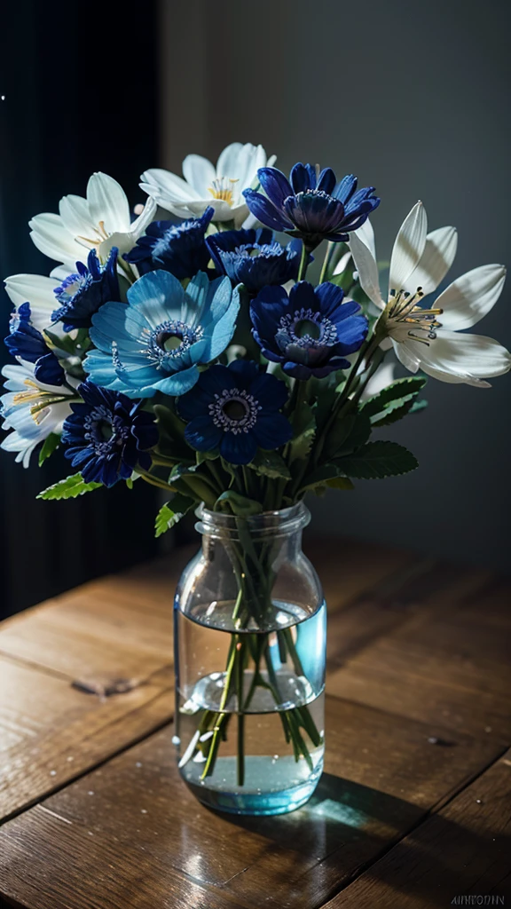 a bouquet of anemone or blue cornflower flowers, transparent, surrounded by glimmering lights, beautiful ambient lighting, highly detailed, photorealistic, 8k, ultra-detailed, intricate floral arrangement, delicate petals, vivid colors, natural sunlight, depth of field, soft focus, cinematic mood