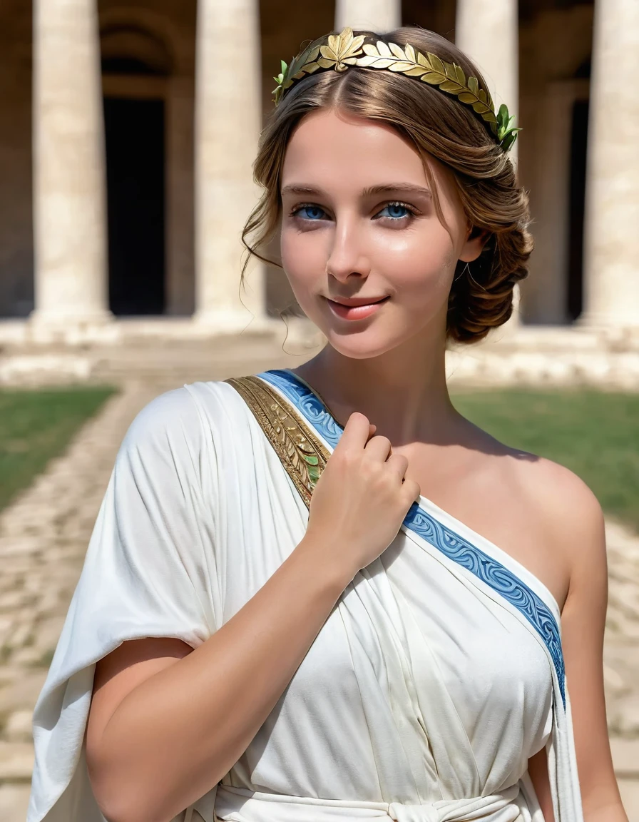 Side view , looking at camera , 1 century, Empire of Roman girl, 1 girl is 26 age old, (Light brown hair, middle hair , wince, Brown eye, beautiful lip, olive leaf tiara, Roman jewel, little smile), (big breasts, slender whist, wide hip) ,(wearing White an ancient Roman imperial  ionic tunic), (Blue Toga,  one-shoulder robe:1.3), sandal, in Palace, in Roman, standing pose, sunset, textured skin , Hi-detailed skin, (4 fingers and 1 thumb:1.3), (foreshortening, Canon, UHD, anatomically correct, super detail, high details, highness,