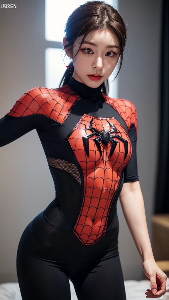 masterpiece,1 Brazilian girl，Realistically，8K Ultra HD，high quality，Background blur, 白黒のSpidermanスーツ，Spiderman，(Clothes cover the entire body:1.1)，Tight clothing，Abdominal muscle contour，Chest Chakra Guo、Short black hair，Perfect Face，Shining Face，Ultra-clear face，A sophisticated eye，Japanese Idols