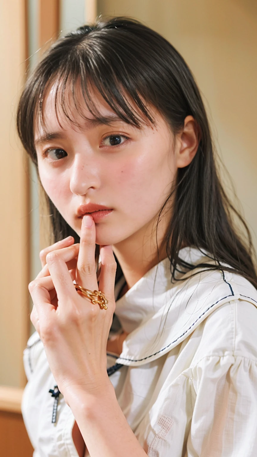 （masterpiece、Highest quality、Very detailed)、髪の色は深いDark brownです、Soft Waves、
（Skin is smooth、Lightly reflects light、Healthy shine）、（eyeはアーモンド型です、eye:Dark brown）、Long eyelashes、Flexible curls、Each one is clearly visible、Thin eyeliner、Natural eyelash shadow）、（Natural pink cheeks）、（Thick lips、smile）（Japan people in uniform、A white shirt with a distinctive sailor collar、Navy blue scarf）、（Summer clothes）、（Navy blue pleated mini skirt、inseam length）、（Beach、彼女の全身と表情に注eyeしてください）、（((eyeのハイライトと肌のディテール、Realistic details))）