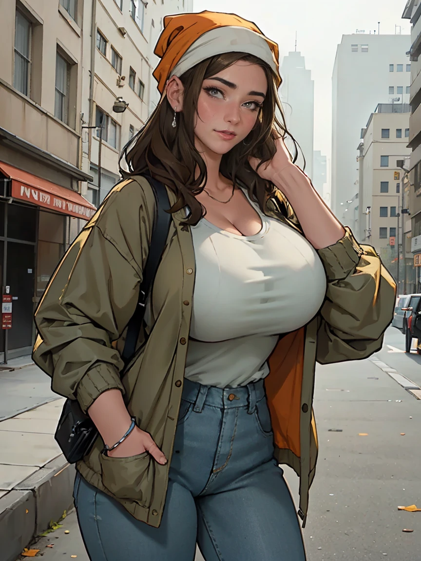 Extremely busty thin and toned brunette photographer, college girl, fair skin, loose side sweep, soft face, athletic, bandana babushka headwrap, tight olive green casual windbreaker, skinny jeans. standing in front of her apartment building, outdoors, city, camera bag, cleavage