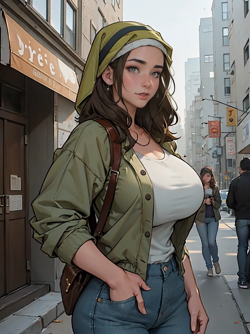 Extremely busty thin and toned brunette photographer, college girl, fair skin, loose side sweep, soft face, athletic, bandana babushka headwrap, tight olive green casual windbreaker, skinny jeans. standing in front of her apartment building, outdoors, city, camera bag, cleavage 