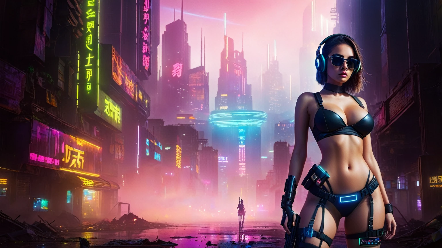 dark futuristic landscape, at night, neon lights, Atmospheric fog, large buildings in the background, futuristic city, streets with open shops, skyscraper (postapocalyptic city:1.3). (((1girl, solo, alone))), large-breast:1.2 slim body, cleavage:1.1, sexy miniskirt, (((headphone, black sunglasses, standing and holding pistol pose))), (((half-body thigh level medium shot))), cinematic lighting, lens flare, ray tracing.