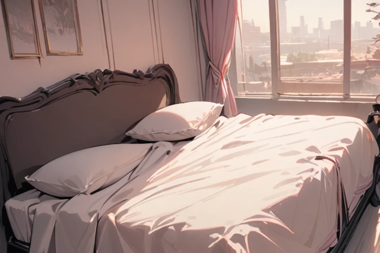 A bedroom with pink and white colors, in the background there is a bed, pink tones, ((high quality)), ((masterpiece)), ((detailed)), no one
