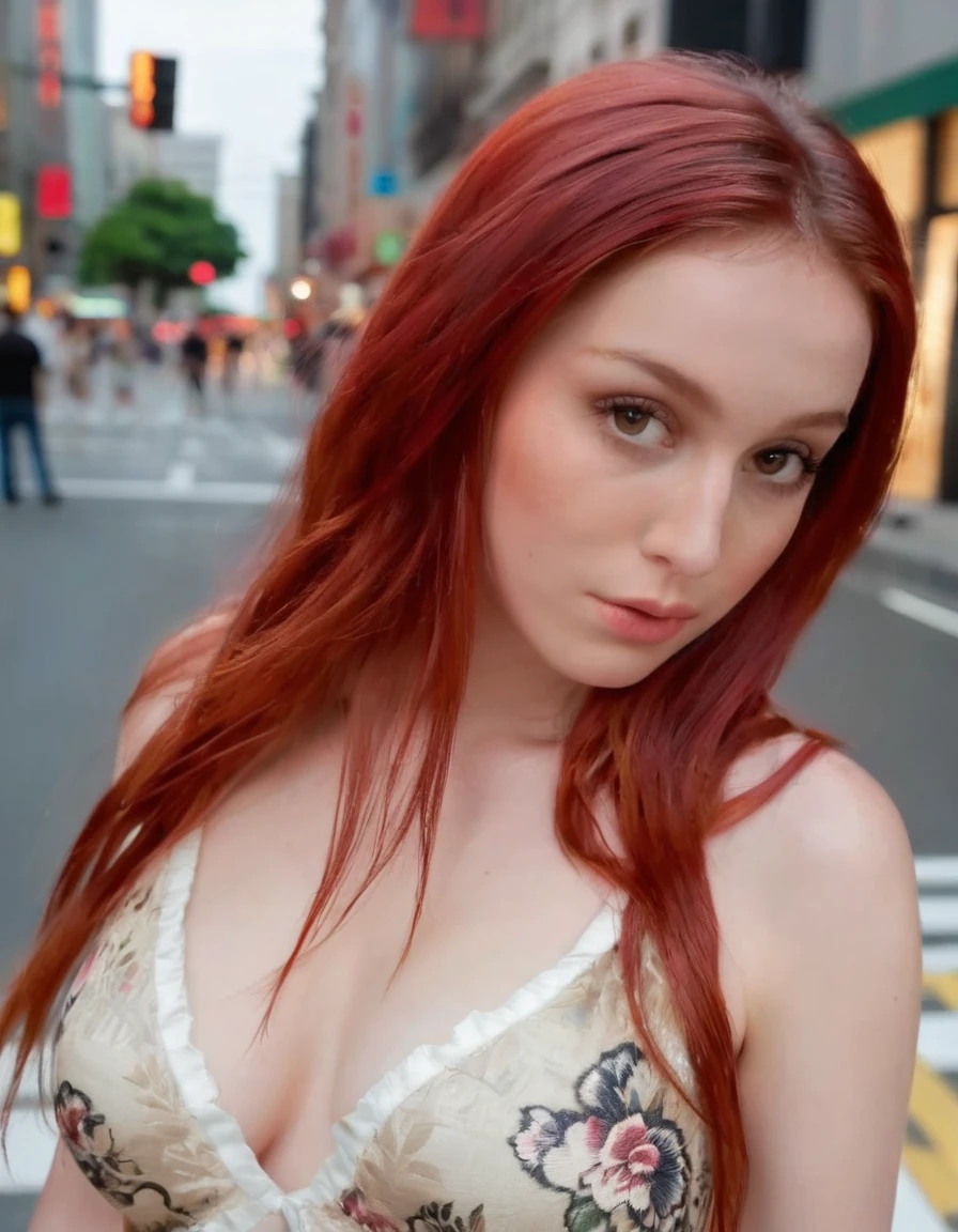full body shot, a beautiful 22 year old woman, in love with the viewer, detailed skin face and eyes , natural lighting , sexy body shape, big breasts, on the city streets, wearing a black skirt and a white blouse, adopt a creative and fun pose like that of a model, close up view, long copper red hair, film grain, natural face, Blue eyes, dark circles under the eyes. big tits, deep neckline, exposed nipples, ((extreme detail)), (ultra detailed), Best Quality, redhead, ultra high resolution, (8k, raw photo, Masterpiece, realist, photorealist:1.4), 8k uhd, DSLR, absurdities, ray tracing, High quality texture, intricate details, Detailed texture, finely detailed
