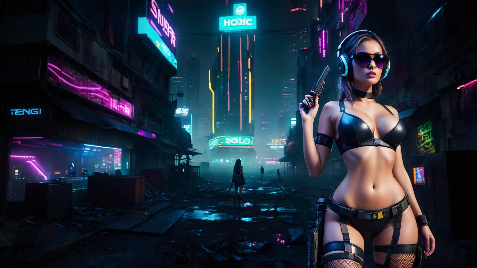 dark futuristic landscape, at night, neon lights, Atmospheric fog, large buildings in the background, futuristic city, streets with open shops, skyscraper (postapocalyptic city:1.3). (((1girl, solo, alone))), large-breast:1.2 slim body, cleavage:1.1, sexy miniskirt, (((headphone, black sunglasses, standing and holding pistol pose))), (((half-body thigh level medium shot))), cinematic lighting, lens flare, ray tracing.