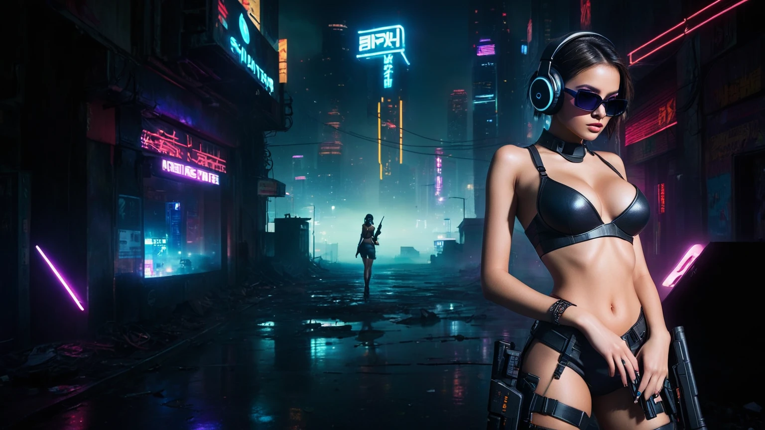 dark futuristic landscape, at night, neon lights, Atmospheric fog, large buildings in the background, futuristic city, streets with open shops, skyscraper (postapocalyptic city:1.3). (((1girl, solo, alone))), large-breast:1.2 slim body, cleavage:1.1, sexy miniskirt, (((headphone, black sunglasses, standing and holding pistol pose))), (((half-body thigh level medium shot))), cinematic lighting, lens flare, ray tracing.