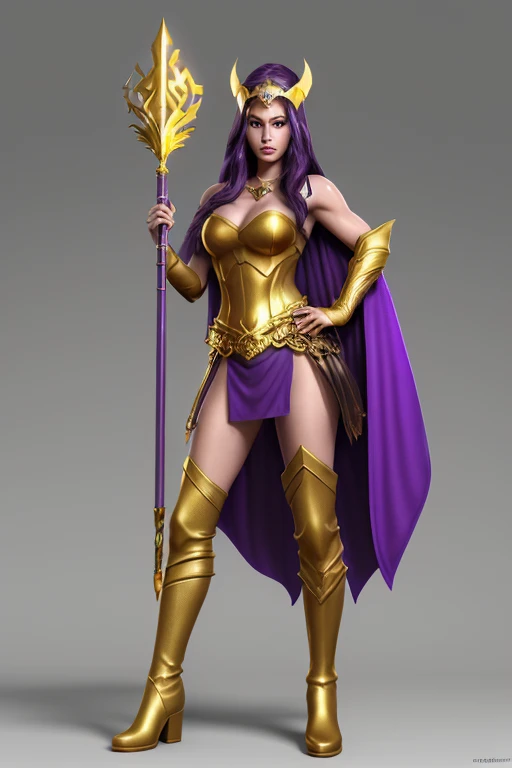 League of Legends character, Sorceress, 28 years old, dark skin, dark skinned female, long purple hair, purple eyes, purple lips, purple eyeliner, covered in tattoos, medium breasts, ((holding a golden staff)), (Wearing: golden headpiece, purple strapless top, loincloth, purple cape, golden armlets, golden boots:1.2). Whole body, Casual pose, Beautiful pose, (Extremely detailed CG 8k wallpaper), (Extremely delicate and beautiful), (Masterpiece), (Best quality: 1.0), (Ultra-high resolution: 1.0), Beautiful lighting, Perfect lighting, Realistic shadows, [high resolution], Detailed skin, Super detailed (((Colorful))), Digital art, League of Legends concept art, full body concept art, Expert concept art with high detail, concept-art, rpg game concept art, concept-art, Vonka Xu style, Video game concept art, 4K, full body portrait
