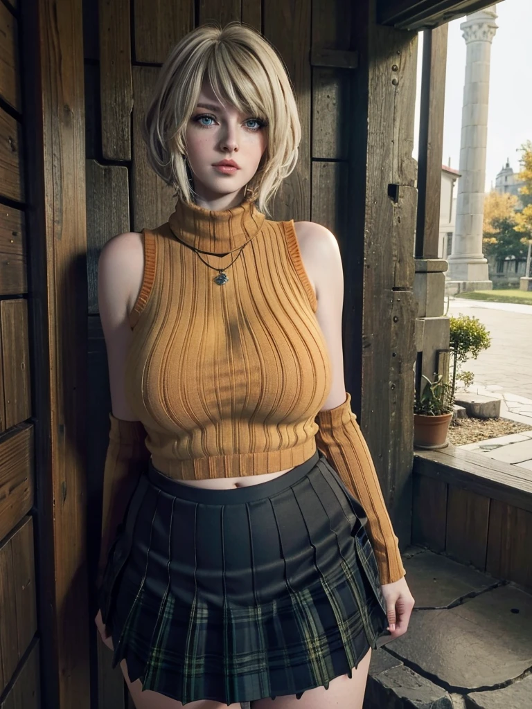 Ashley_BareShoulders_ownwaifu, 1girl, short hair, blonde hair, lips, bob cut, large breasts, blue eyes, freckles, bangs, nose, sleeveless, sleeveless turtleneck, skirt, jewelry, plaid skirt, bare shoulders, necklace, orange sweater, miniskirt, ribbed sweater, green skirt, sleeveless sweater, navel, scarf, pleated skirt, black pantyhose, turtleneck sweater, collarbone, medium hair, (masterpiece), (best quality), (highres), (extremely detailed CG unity 8k wallpaper), outdoors, day, cowboy shot, looking at viewer, solo, focused,orejas de pantera, Trenza lateral, Proporciones demenciales, grueso, pechos grandes en forma de lágrima, muy sensual, rubor, Top corto en V muy profundo, falda corta con abertura lateral, mejor calidad, arte completo,massive big bounce oppai,massive big bounce oppai,massive big bounce oppai,

