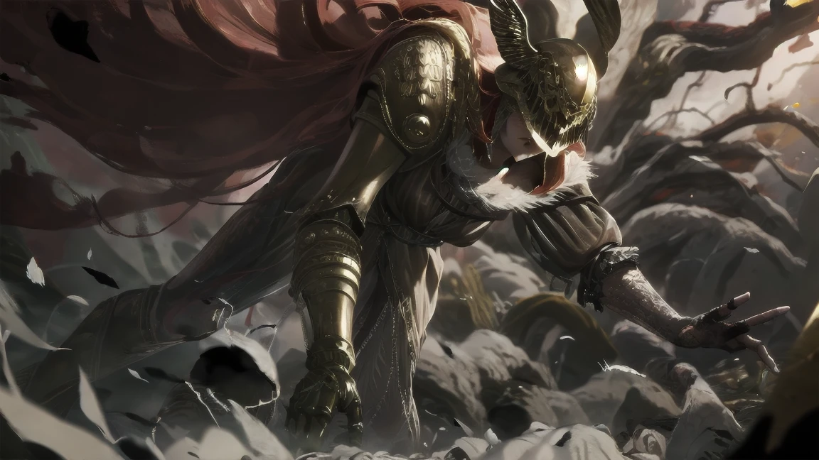 1 girl, ultra sharp image, Portrait of a girl, Gothic style, fantasy, beautiful figure, beautiful, full length (full body 1.1.), battlefield, swords stuck into the ground in the background, Red sunset, slender legs, buttocks, slender legs, Wasp waist, sexy, fighting pose, fighting stance, only,helmet,light-skinned Женский, One, long curved sword in hand