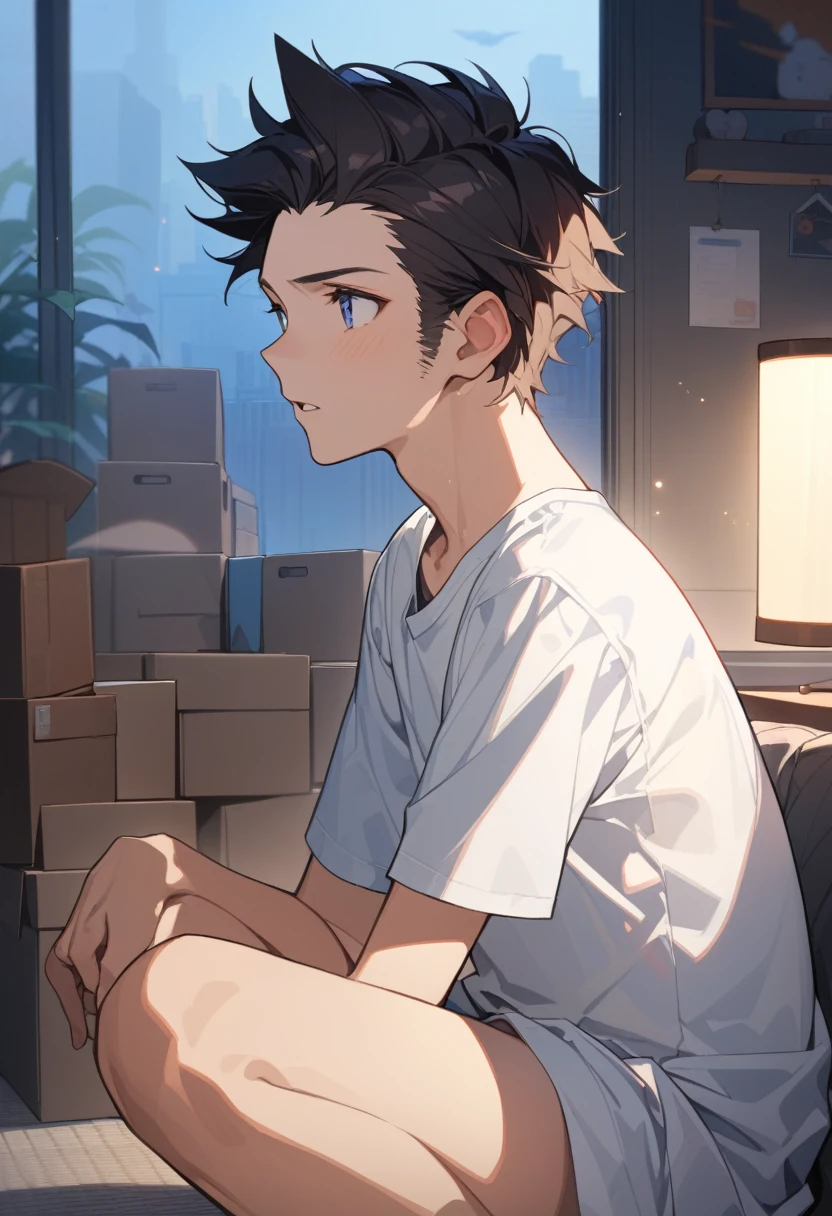 masterpiece, best quality, extremely detailed, ultra detailed, flat anime, 2D,
((1boy)),black hair, (short hair:1.5),blue eyes, height 1.7meters,  (circle eyes:1.2),  (young adult:1.2), Ear-length sideburns,
long Sleeves, White T-shirt, barefoot, 
squatting, looking away, expressionless,open mouth, portrait,from side, close up face,
summer, 12AM, livingroom,organizing the boxes., I'm looking at the material in my hand.