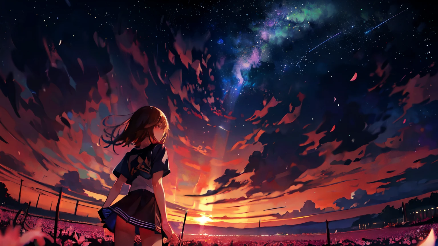 1人の女の子が未来への道が見えてきた瞬間の光景のperformer,
An image of a ray of hope shining in the sky。
(Zoom out:1.1), (Meteors:1.2), (comet:1.1),
Low - Angle, From behind, Aloura Borealis, shooting star,
, , cherry blossoms, T-Shirts、Standing in the field,Highest quality, masterpiece, cloud,colorful, Starry sky,performer,