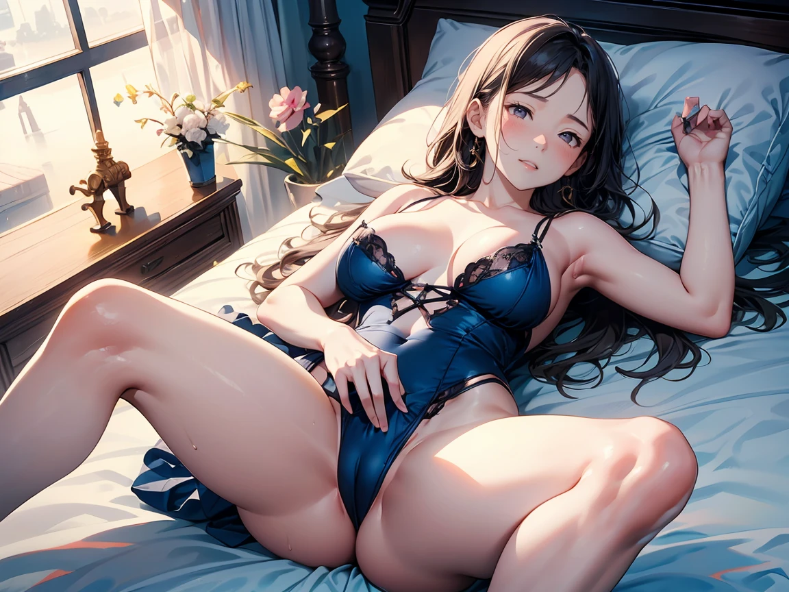 Highest quality, Super detailed, (Ultra-high resolution,8k), Ultra-high definition 4K, (Lie on the bed and open your legs, Ecstasy:1.5), (Perfect Anatomy, Anatomically correct), (Five Sensual Housewives:1.4), (Beautiful Eyes), (Detailed eyes), (High-quality facial beauty), ((Touching the crotch)), (In the Storm:1.2), Friendly, (Photorealistic), (Detailed big breasts), Soft Skin, Glowing Skin, (Satin slip nightdress), Bright lighting, Very heavy rain, (Five Sensual Housewives:1.4), colorful, Goddess-like beauty, Professional photography techniques