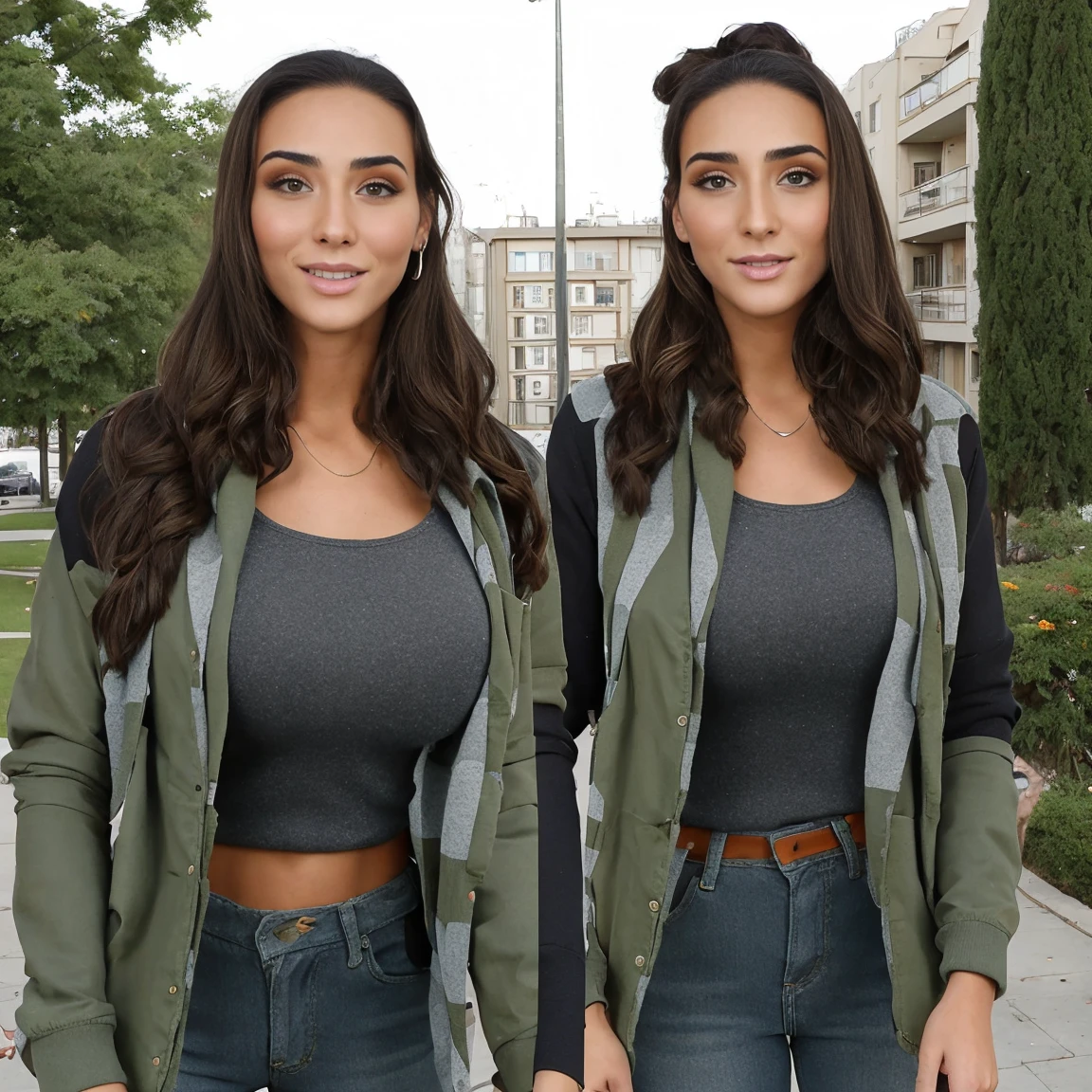 Extremely busty thin and toned brunette photographer, college girl, fair skin, loose side sweep, soft face, athletic, bandana babushka headwrap, tight olive green casual windbreaker, skinny jeans. standing in front of her apartment building, outdoors, city, camera bag, cleavage