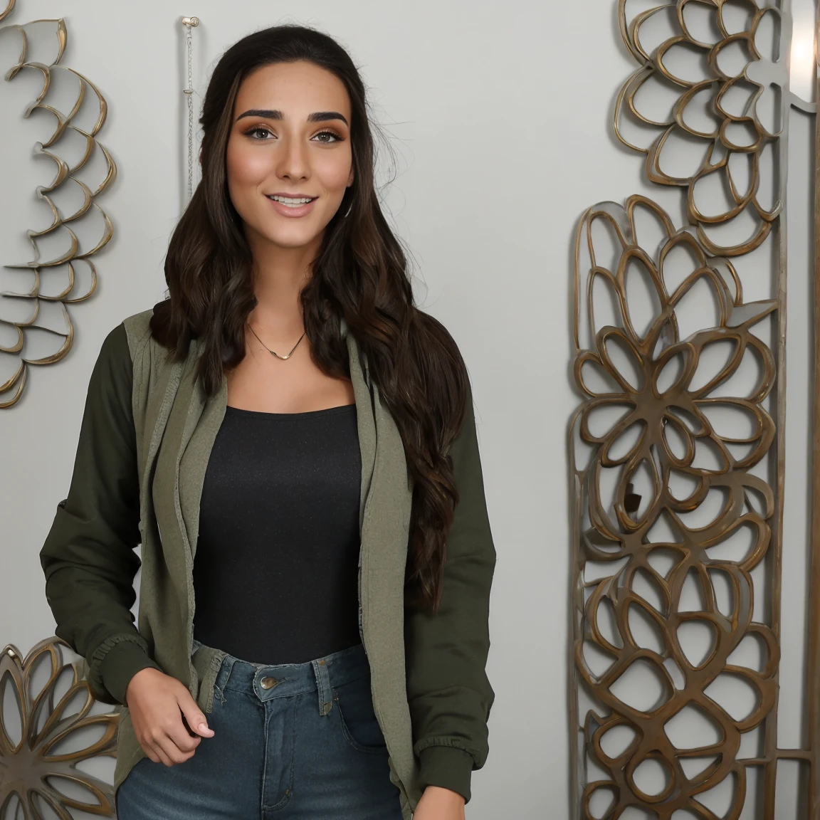 Extremely busty thin and toned brunette photographer, college girl, fair skin, loose side sweep, soft face, athletic, bandana babushka headwrap, tight olive green casual windbreaker, skinny jeans. standing in front of her apartment building, outdoors, city, camera bag, cleavage