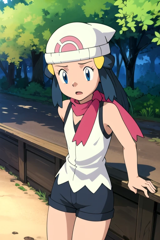 masterpiece, best quality, highres, 1girl, solo, dawn (pokemon), pink scarf, white shirt, shorts, hat, outdoors, bare shoulders, horny look, half naked