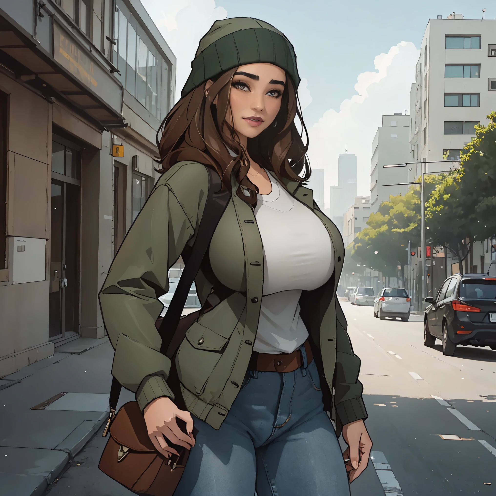 Extremely busty thin and toned brunette photographer, college girl, fair skin, loose side sweep, soft face, athletic, bandana babushka headwrap, tight olive green casual windbreaker, skinny jeans. standing in front of her apartment building, outdoors, city, camera bag, cleavage