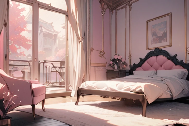 A bedroom with pink and white colors, in the background there is a bed, pink tones, ((high quality)), ((masterpiece)), ((detailed)), no one