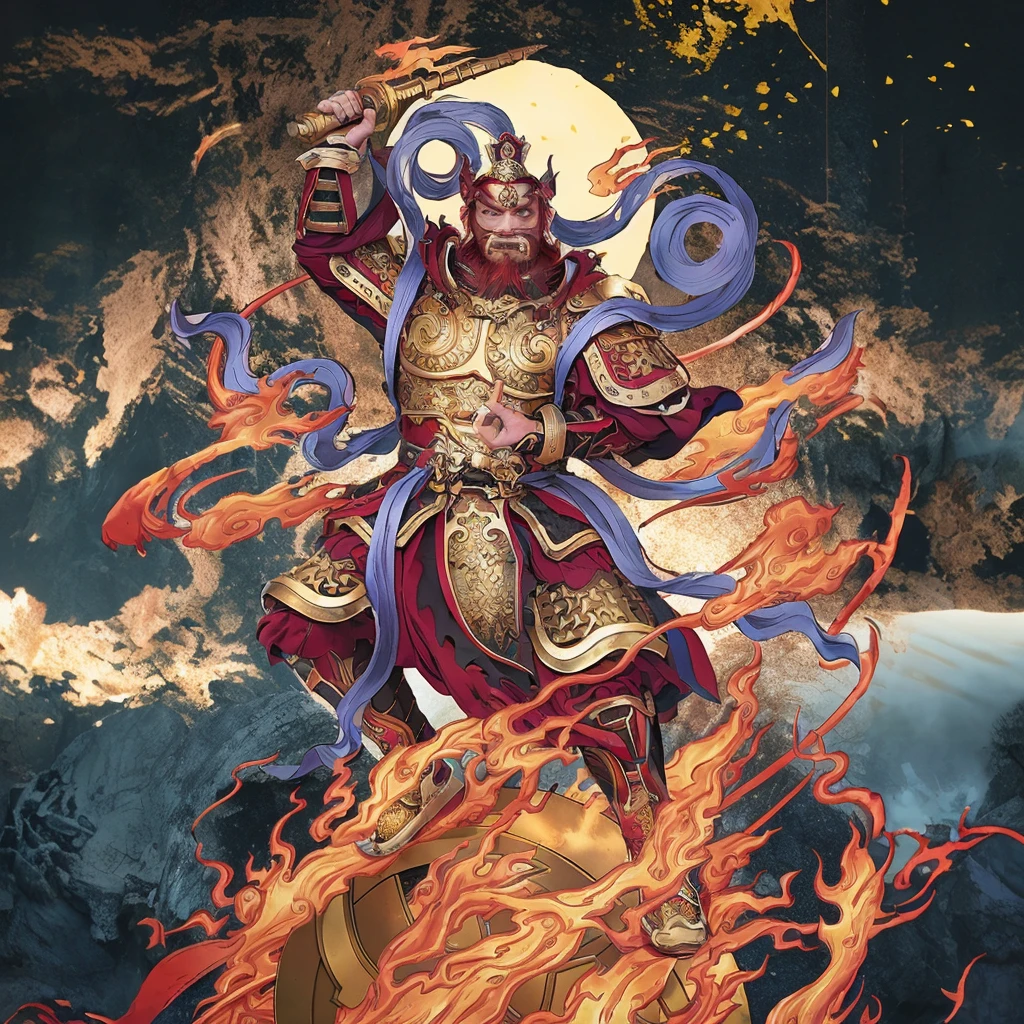 red hair male Chinese warrior (3 eyes) asura look, ancient Chinese armour, surrounded by fire, standing on a huge metallic wheel, holding a metal whip weapon (sword), purple deity ribbon, fierce look, proper finger gesture