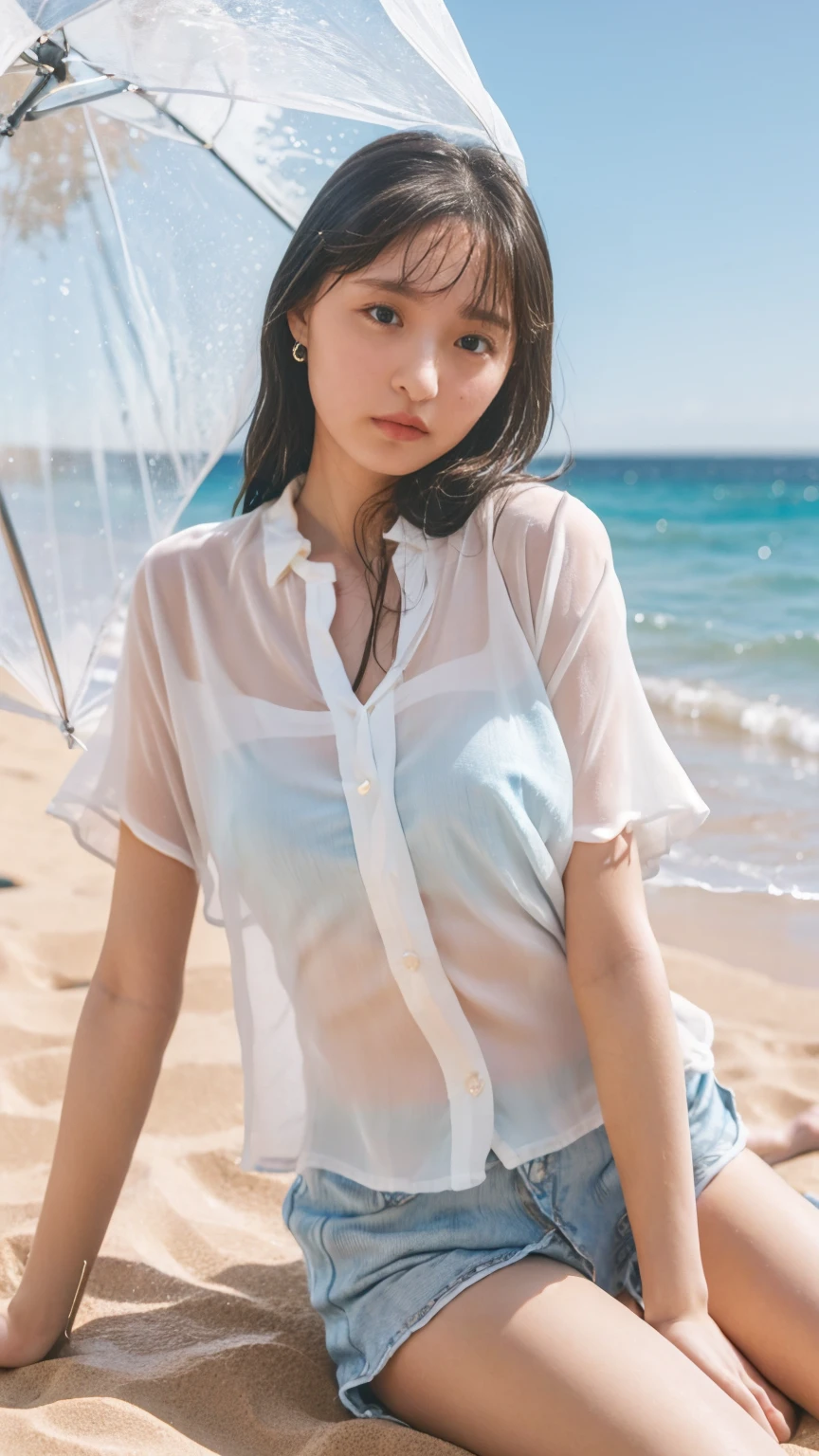 (((8k、Highest quality、masterpiece、Ultra-high resolution)))、(Realistic:1.4)、RAW Photos、(Realistic skin texture:1.3)、(Film Grain:1.3)、((One Girl、Beautiful and detailed eyes, Face and skin texture、naked足))、Cute Japanese Woman、Beach、A strong wind is blowing、Her hair and skirt are flying、On all fours, Crawl、Pleated skirt、((naked:1.35))、splash、Sandy Beach、Light of the sun、clear blue sea、The waves crash quietly、Blue sky and white clouds、Beautiful Nature、(((Open blouse:1.33)))、((No underwear、Raise one leg))、
