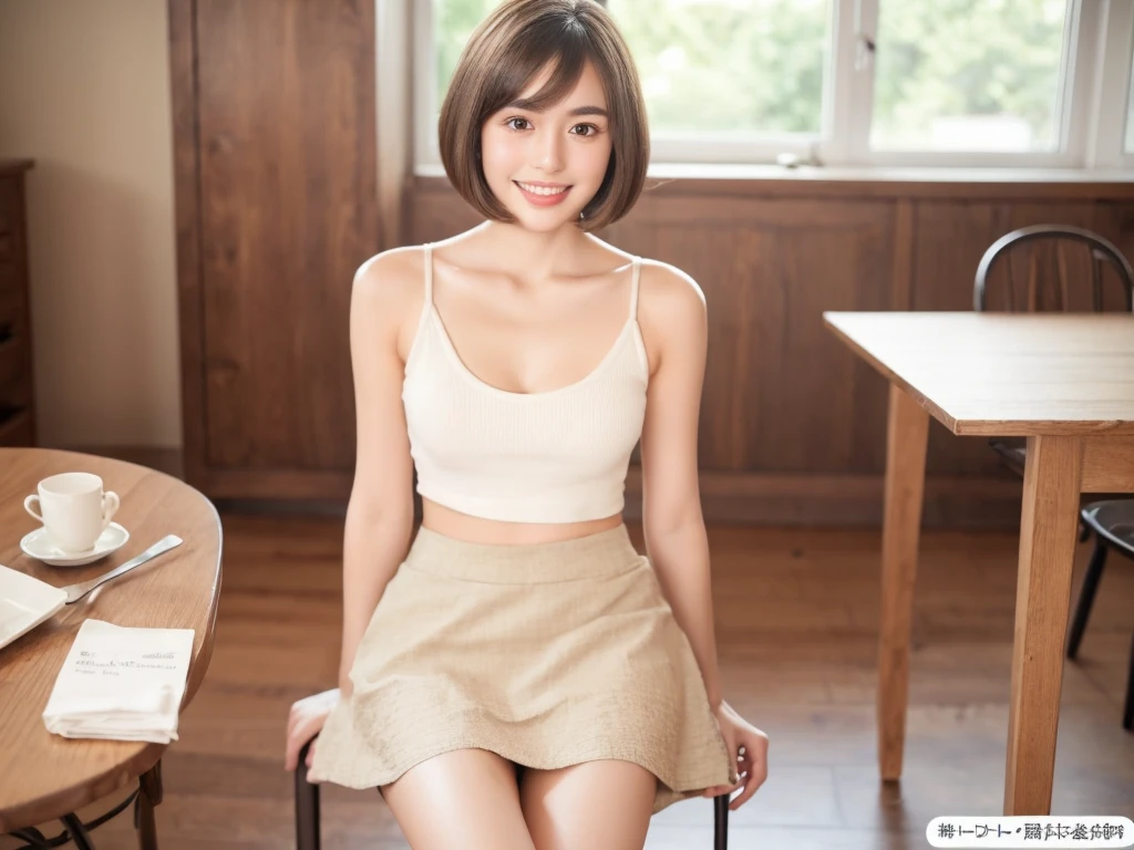 masterpiece, realistic, photorealistic, best quality, beautiful detailed, natural lighting, sharp focus, depth of field, in a living room, beautiful detailed japanese girl, 20 years old, (above the knee:1.2), (((searching the Internet on a MacBook at the dining table))), (Sitting in a chair), eyes open, looking at viewer, best quality real texture skin, Detailed beautiful delicate face and eyes, double eyelid, smile:1.2, white teeth:1.2, short straight brown hair:1.2, bob cut:1.2, tank top:1.2, mini skirt:1.2,