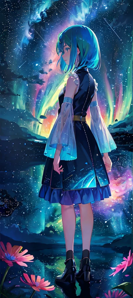 1girl, distant girl, rainbow colored hair, wearing a teal dress armor, staring at the stars, (zoomed out:1.1), (meteor shower:1.2), (comet:1.1), low angle, from behind, aurora borealis, shooting star, surrounded by flowers petals, standing in a field, best quality, masterpiece, cloud, colorful, starry, stars