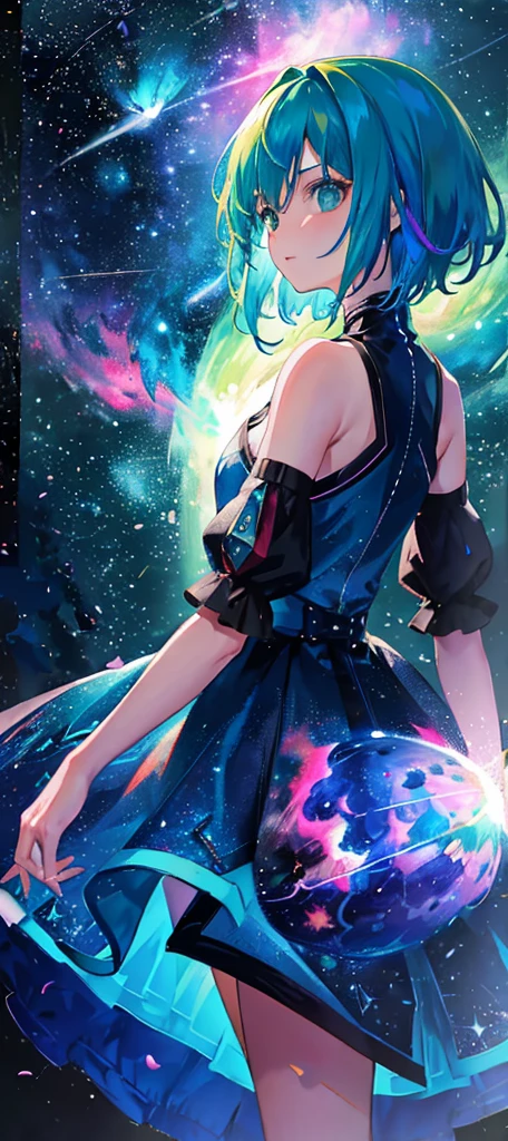 1girl, distant girl, rainbow colored hair, wearing a teal dress armor, staring at the stars, (zoomed out:1.1), (meteor shower:1.2), (comet:1.1), low angle, from behind, aurora borealis, shooting star, surrounded by flowers petals, standing in a field, best quality, masterpiece, cloud, colorful, starry, stars