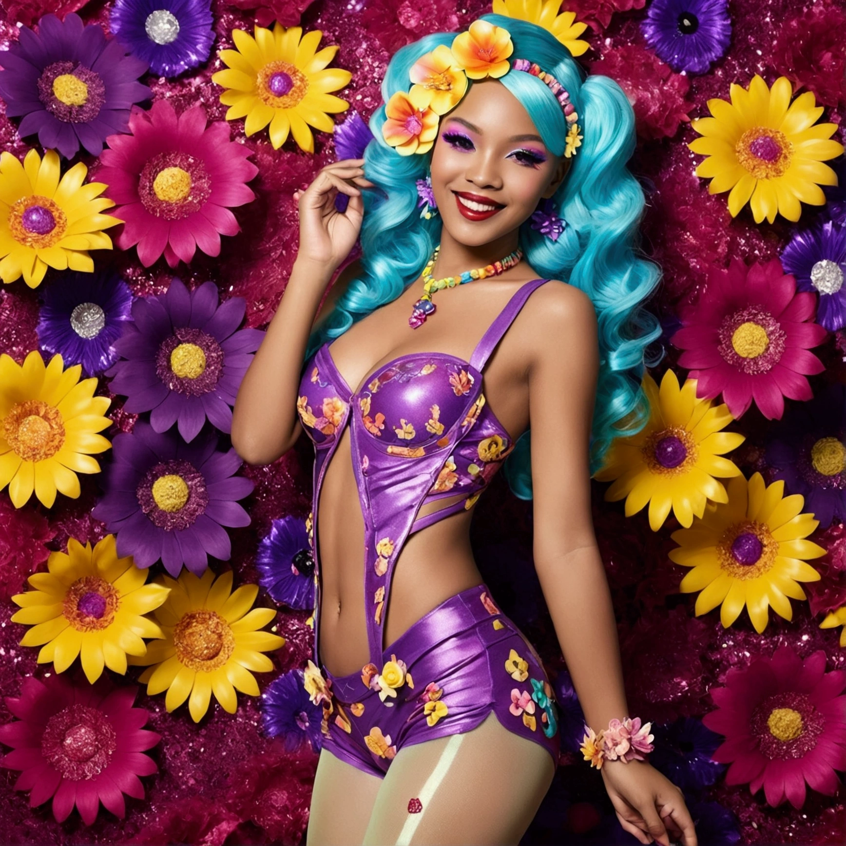 sexy Caribbean model who controls poison、beautiful smile、lip-gloss、bold lipstick、intense makeup、look at the camera、full body Esbian、、sparkling poisoned flower costume、、、、sparkling Colorful hair、secrete poison、skull hair accessories、sexy tights、shiny sparkling flowers background