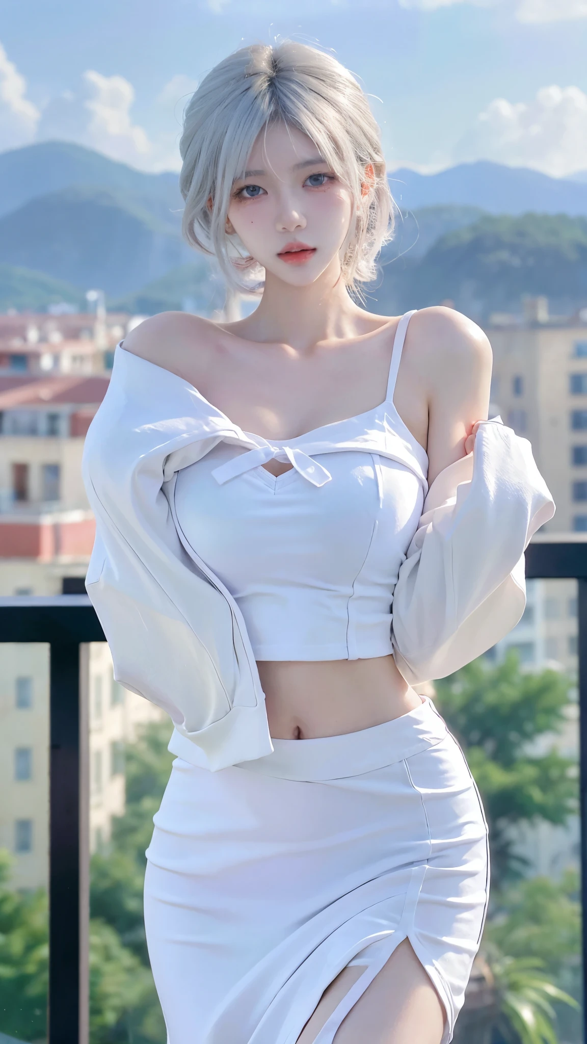Beautiful woman with perfect figure:1.4，snow，snow背景，Layered Hairstyle，White skin，Prominent cleavage，Pleated Skirt，whole body，Very delicate face and skin texture，Double eyelids，Skin Whitening，Long white hair