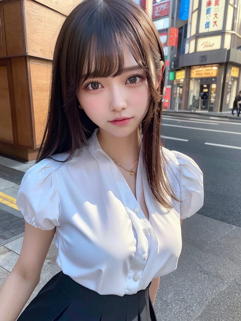 (8k, RAW photo, top quality, masterpiece: 1.2), (realistic, photorealistic: 1.37), three-dimensional, ultra detail, ultra high resolution, beautiful detailed face, one girl, beholder, constriction, beautiful detailed skin, skin texture, floating hair, professional lighting, (Japanese beautiful and cute girl:1.2), long hair, bob cut, beautiful hair, 20 years old, slim waist, big breasts, look at viewer, in the town, (embarassing:1.2), bracelet, earing, necklace, (cute blouse, pleated skirt, skirt lift), Showing a glimpse of thighs, skirt lift by hand:1.3, show off pantie, cute pantie, low angle photo, nsfw