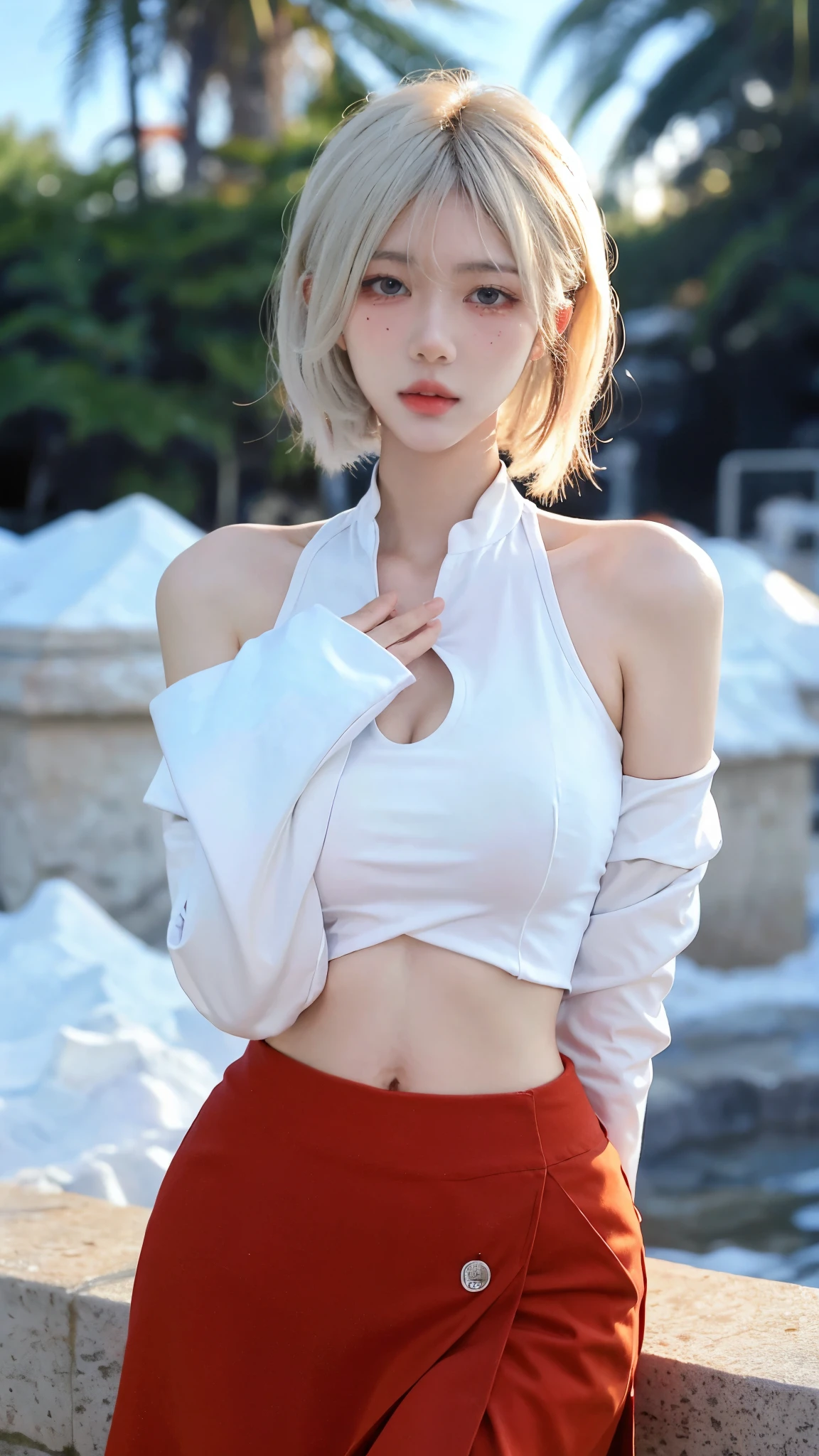 Beautiful woman with perfect figure:1.4,snow,snow背景,Layered Hairstyle,White skin,Prominent cleavage,Pleated Skirt,whole body,Very delicate face and skin texture,Double eyelids,Skin Whitening,Long white hair