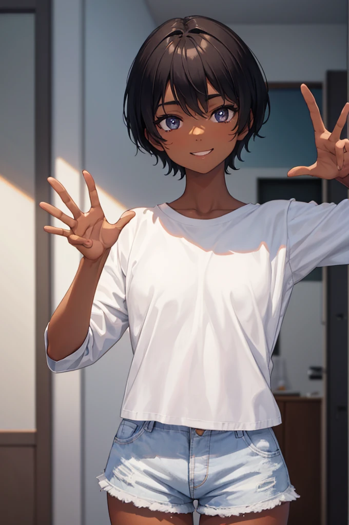 A dark-skinned girl with short black hair, short stature, natural body, wearing a white pajama top and short denim shorts, waving and smiling, with a pretty face, black pupils, teenage girl, , detailed facial features, beautiful eyes, high resolution, 8k, photorealistic, masterpiece, cinematic lighting, vibrant colors, soft shadows, natural skin tones, warm lighting, clean aesthetic