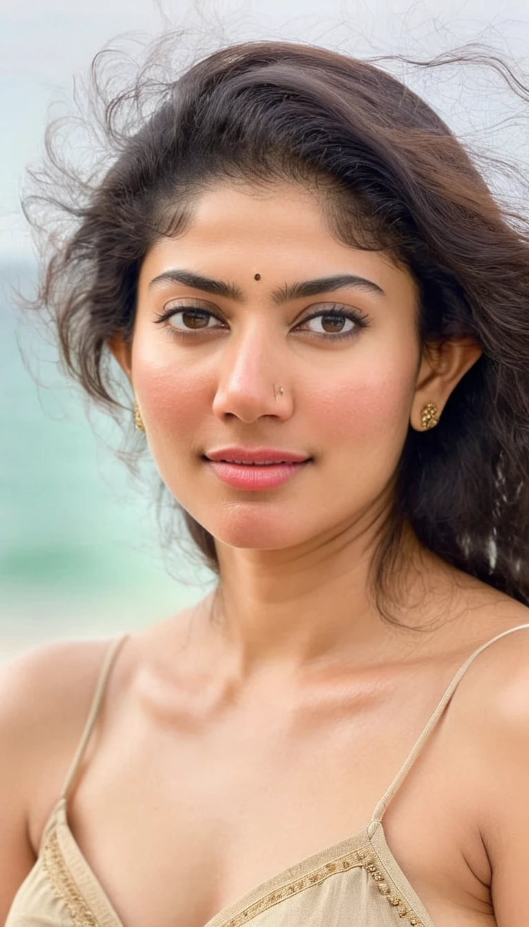ultrarealistic hires full body photo of a 30-year-old sai pallavi woman, sunny beach, realistic skin texture, looking looking at camera, beautiful beach background, short spiky hairstyles, eyeglasses, micro bikini,juicy lips, perfect eyes, deep cleavage, swwoping breasts, busty,sexy navel, thighs, pierced belly button, erotic pose