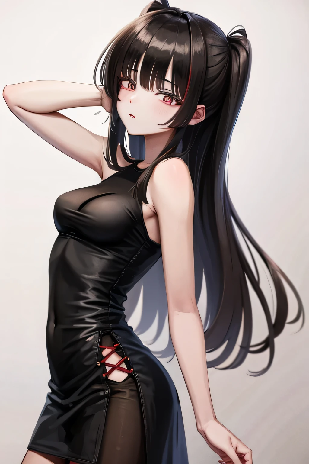 2D, anime girl with black hair and red eyes, wearing a tight dress (rocker style.