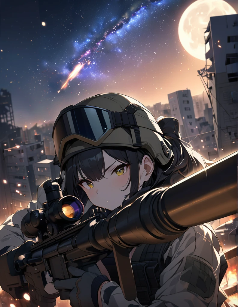 Highest quality, Highest quality, 16K, Unbelievably absurd, Very detailed, delicate and dynamic, Natural light, The particles reflect light, Diffuse reflection of light, Vortex of Light, war zone, bombs blusting around, dark outfield, ruined big city, roof top of ruined building, moon night, milky way, illumination, Create amazing image effects, Upper body close-up, (sole sexy girl, big Firm bust, , powerful, A professional sniper,, shooting a target with M16 auto rifle, swat uniform,)
