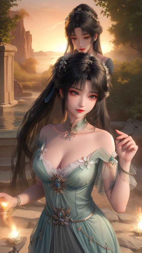 a girl,Light Particles, Halation, (Bioluminescence:0.95), Bioluminescence, Harsh light, Energetic, (((rich and Farbeful))), Farbe, (glowing, glow),Ancient Customs, Wind Blow, flowering, pond, night, moon relection in the pond, reflected light, Depth of Field, From the back, multiple views, delicated best quality ,masterpiece, illustration, Extremely delicate and beautiful, Extremely detailed ,CG ,Unite ,8k wallpaper, Astonishing, Fine details, masterpiece,best quality,Official Art,Extremely detailed CG Unite 8k wallpaper,absurdes, incredibly absurdes, Huge file size , Extremely detailed, high resolution, Extremely detailed,Beautiful and delicate girl, Extremely detailed eyes and face, Beautiful and delicate eyes,There is light on the face,1 Girl, (excellent realistic), (Black Hair), (Hair covering one eye), (Single braid hair), (rainbow eyes), ((Hair accessories)), ((Jewelry)), (hair Jewelry), (((Describe the arm in detail))), (((excellent ))), ((Breast sagging)), ((full body)), (thigh), ((full )),, (Detailed description of hair), ((Upper Body)), (Bare shoulders), ((clavicle)), (Off-shoulder), (Glowing skin), (Detailed description of the face), (Extremely detailed description of the eyes), (Body detailed description), (Fair and translucent skin), Peerless Beauty, (Extreme beauty), (Red lips), (Shy ), (Charming Smile), ((Gothic tia dress)), (Every posture),(Smile),