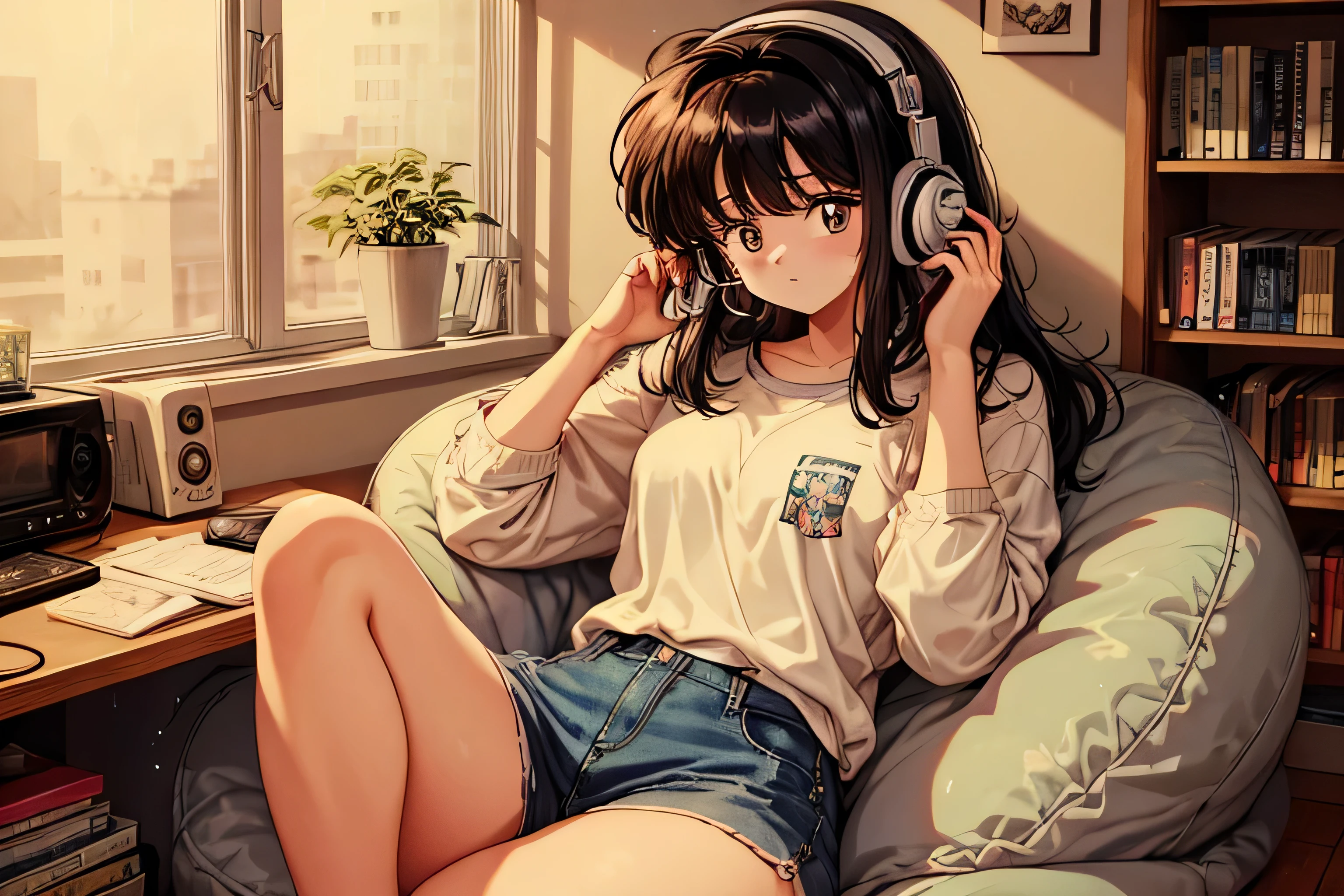 Create a tranquil scene for a Lo-fi channel with an 80s anime aesthetic. Picture a brown-haired girl sitting on a plush bean bag chair in her cozy bedroom. She is wearing an oversized sweater and leggings, embodying the relaxed fashion of the 80s. She has headphones on, connected to a portable cassette player, and she looks content as she listens to her favorite music.

The room is dimly lit by a small lamp on her desk, which casts a warm glow over the space. The desk is cluttered with retro items such as cassette tapes, a Polaroid camera, and a few manga books. The walls are adorned with posters of classic 80s anime and neon signs that give off a soft, colorful light.

Outside the rain falls gently, and the neon lights from the city streets create beautiful reflections on the wet window. There’s an open notebook and a pen next to her, suggesting she’s been jotting down thoughts or doodles. The scene should evoke a sense of calm and nostalgia, making it perfect for a Lo-fi channel.