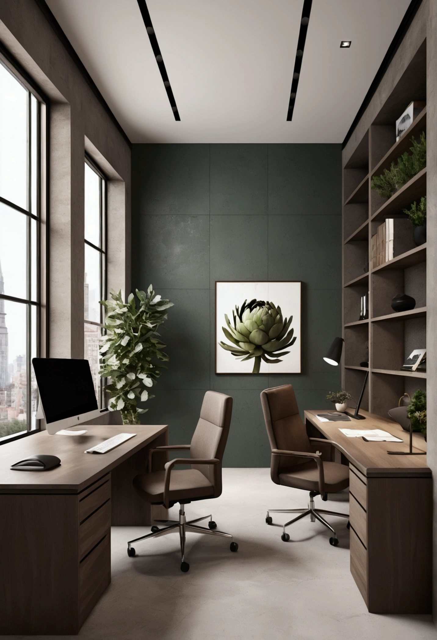 Professional 3d architecture rendering design of modern and minimal architecture office design with art and artichoke and stone color