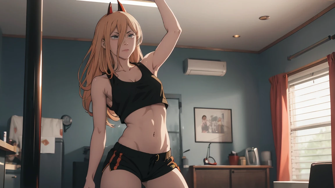 power, chainsaw anime, long yellow hair, red horns, mood strip-bar, (black tank top), (black running shorts), pole dancing