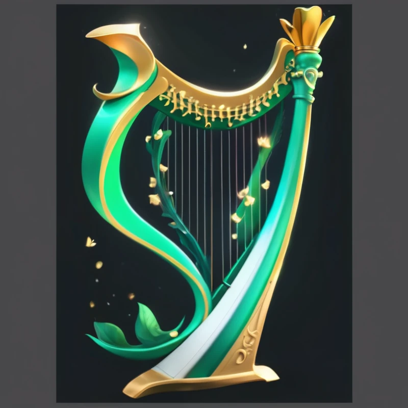 a green and gold harp with a crown on top, harp, with an harp, playing harp in magical forest, (Fantasy Violin), Fantasy Violin, Stylization, guitar Concept Art, Stylization的数字艺术, Musical Instruments, Stylization, concept illustration, Stylized STL, Gorgeous and smooth, Concept map, Stylization数字插画, Concept Art