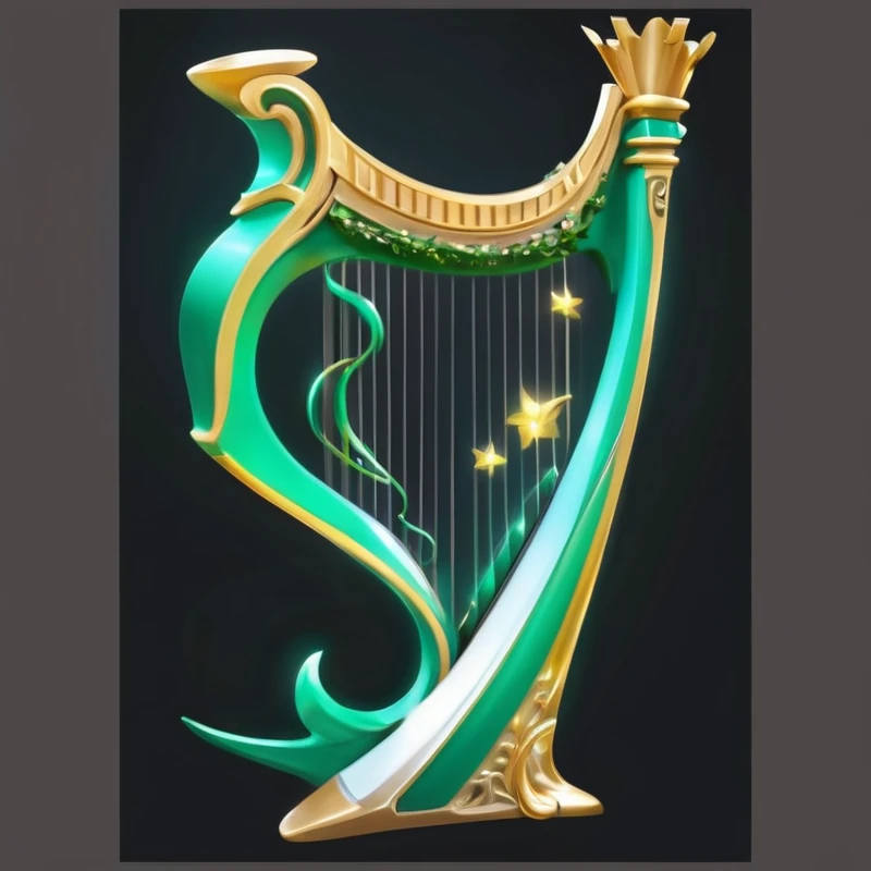 a green and gold harp with a crown on top, harp, with an harp, playing harp in magical forest, (Fantasy Violin), Fantasy Violin, Stylization, guitar Concept Art, Stylization的数字艺术, Musical Instruments, Stylization, concept illustration, Stylized STL, Gorgeous and smooth, Concept map, Stylization数字插画, Concept Art