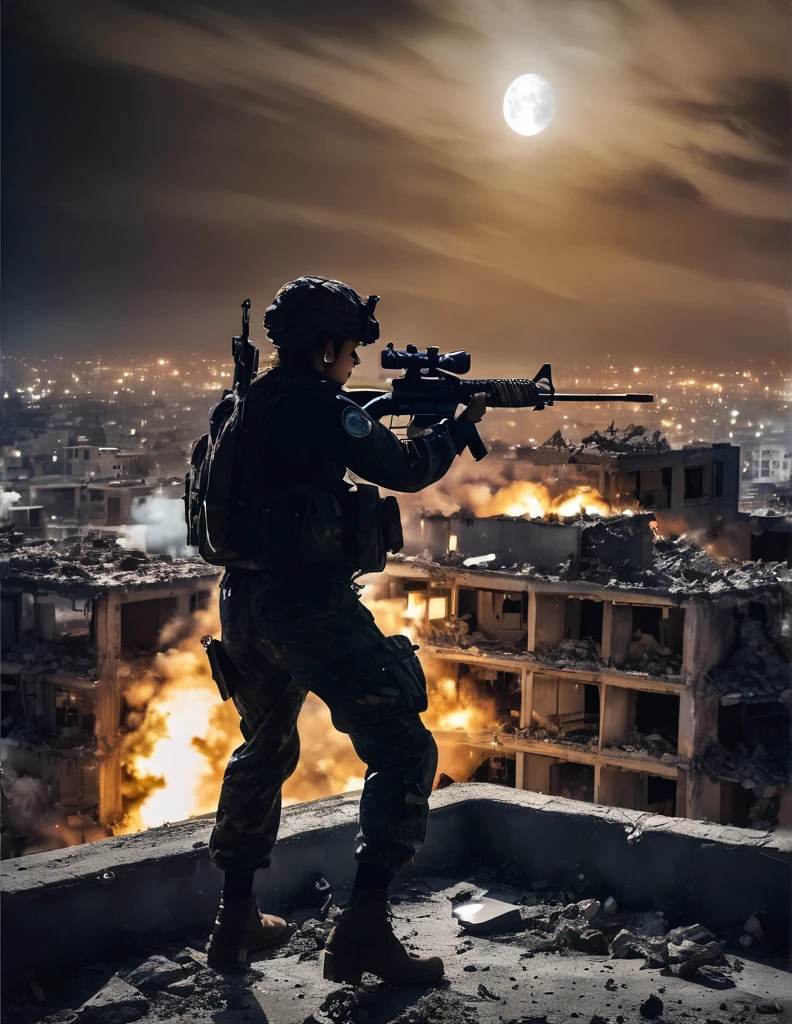 Highest quality, Highest quality, 16K, Unbelievably absurd, Very detailed, delicate and dynamic, Natural light, The particles reflect light, Diffuse reflection of light, Vortex of Light, war zone, bombs blusting around, dark outfield, ruined big city, roof top of ruined building, moon night, milky way, illumination, Create amazing image effects, Upper body close-up, (sole sexy girl, big Firm bust, , powerful, A professional sniper,, shooting a target with M16 auto rifle, swat uniform,)
